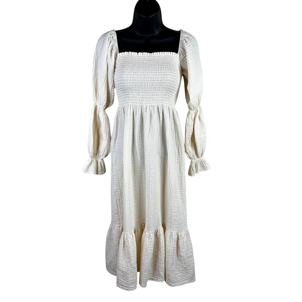 Nothing Fits But Cream Gauze Cotton Smocked Midi Dress Puff Sleeve Small